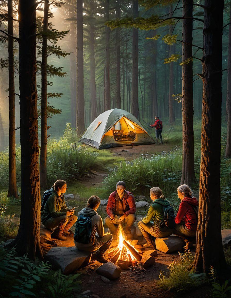 A dynamic scene in a lush wilderness setting, featuring a diverse group of leaders and team members collaborating while navigating through a dense forest. Include elements of teamwork such as a leader pointing to a map, others setting up a campsite, and a warm campfire glowing in the background. Emphasize nature's beauty with towering trees, vibrant flora, and a sense of adventure. Add a sunrise peeking through the trees, symbolizing new beginnings. super-realistic. vibrant colors. nature-themed.