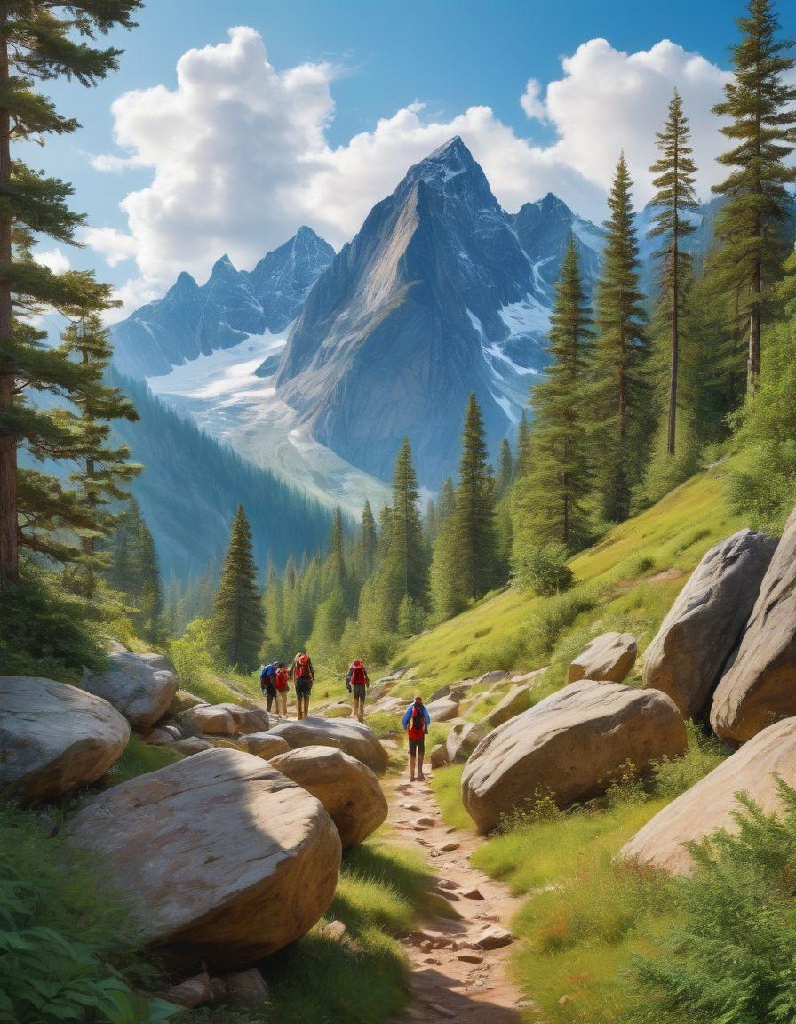 A vibrant scene of diverse individuals joyfully exploring a breathtaking outdoor landscape, showcasing various activities like hiking, camping, and rock climbing. Include majestic mountains, lush forests, and a clear blue sky filled with fluffy clouds. The people should be engaged and smiling, portraying a sense of community and adventure. Elements of nature should be prominent throughout, highlighting the beauty of the great outdoors. super-realistic. vibrant colors.