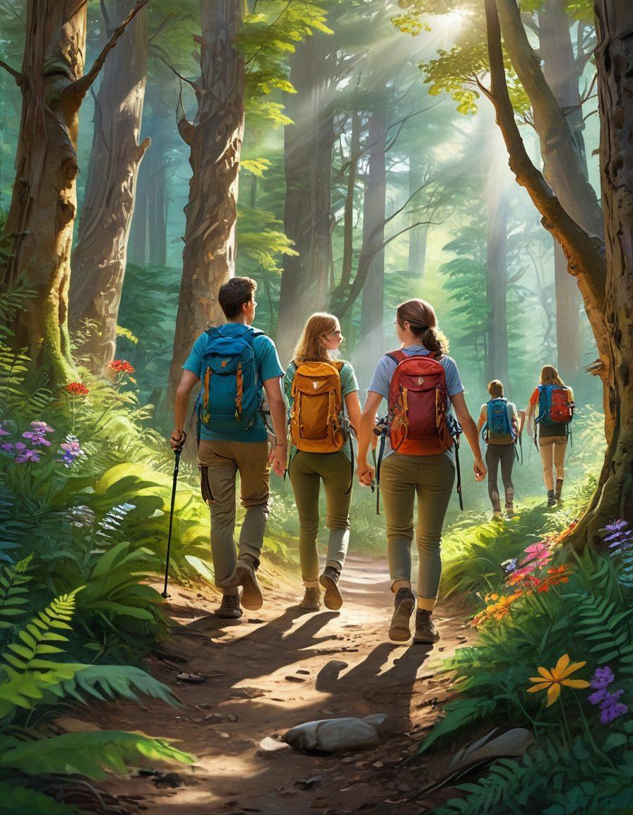 A vibrant forest scene filled with young adventurers, laughing and exploring nature together. They are hiking along a winding trail, surrounded by tall trees, wildlife, and colorful flowers. Sunlight filters through the leaves, creating a warm and inviting atmosphere. Include playful elements like a map, compass, and backpacks to emphasize camaraderie and exploration. whimsical, vivid colors, digital painting.